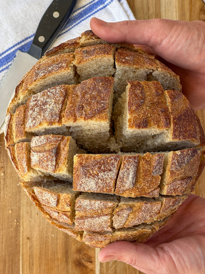 A pair of hands holds a round loaf of rustic bread with a crispy golden crust, scored and partially cut into cubes. A knife and a striped towel are on the wooden surface beneath.