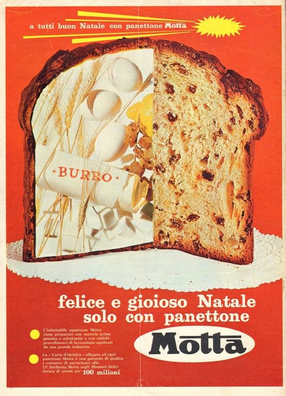 A vintage Italian advertisement with a large sliced panettone bread. Inside the slice is an image of baking ingredients, including eggs and butter. Italian holiday greetings and the Motta brand name are at the bottom.