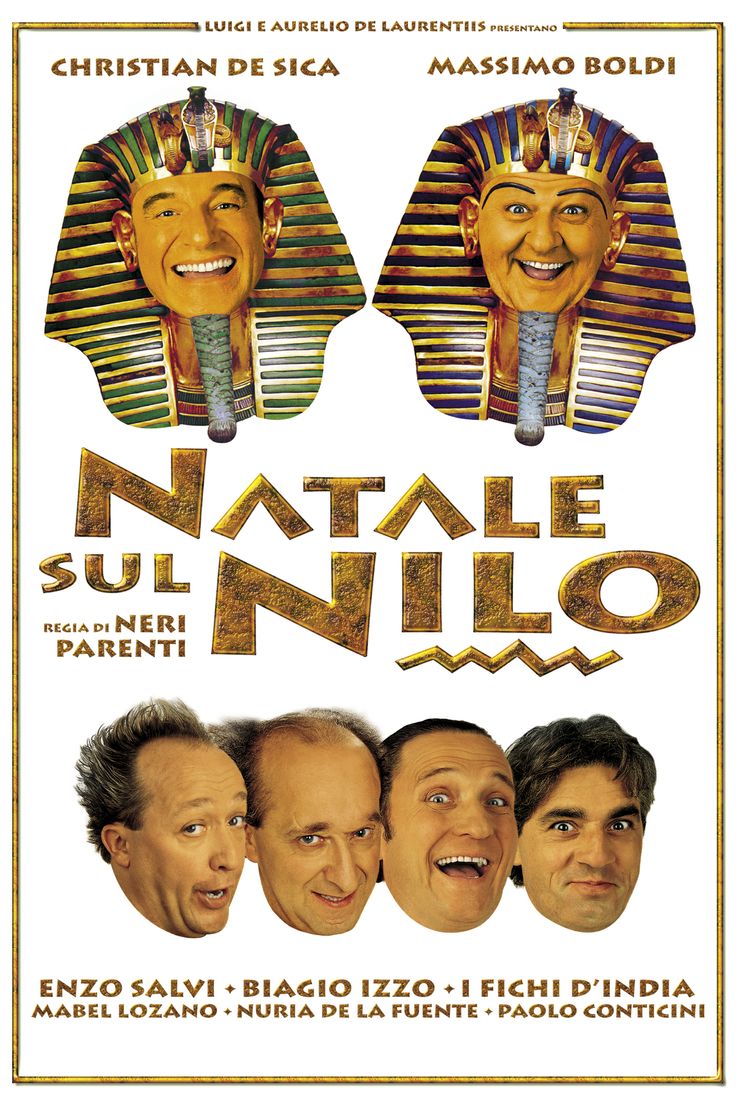 Poster for the film Natale sul Nilo featuring two men’s faces on pharaoh headdresses at the top, and five men’s heads with humorous expressions aligned at the bottom, with the movie title in the center.