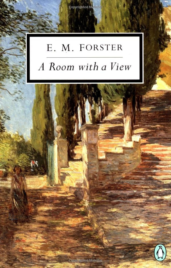 Book cover of A Room with a View by E. M. Forster, featuring a painted scene of a sunlit path lined with trees and stone steps, with a woman in a long dress walking on the left.