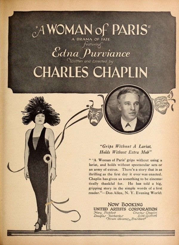 Vintage poster for A Woman of Paris, featuring Edna Purviance and directed by Charles Chaplin. Includes a photo of Chaplin and a woman in an elegant black dress, feathered hat, and decorative border.