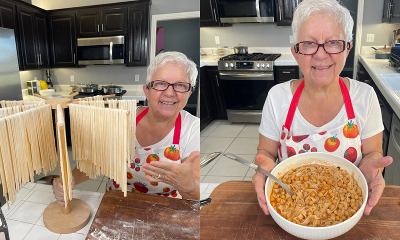 Split image: Left, an elderly woman in a tomato-print apron smiles and shows fresh pasta hanging on a drying rack. Right, she holds a bowl of cooked pasta in sauce, smiling proudly in a modern kitchen.