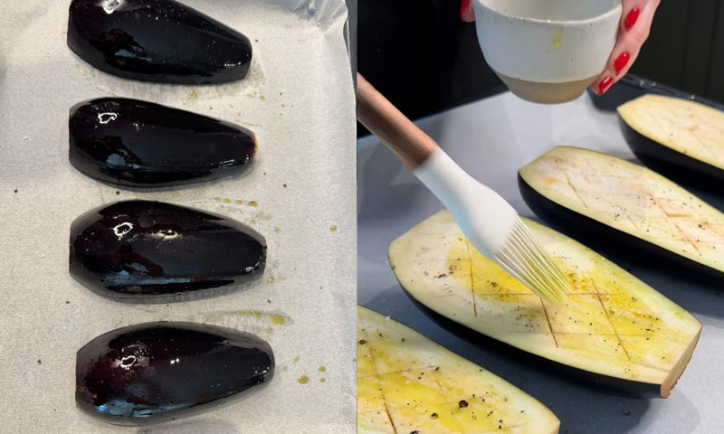 Four halved eggplants on a baking tray in the first image; in the second image, a hand brushes oil onto scored eggplant halves with a brush, sprinkled with seasoning.
