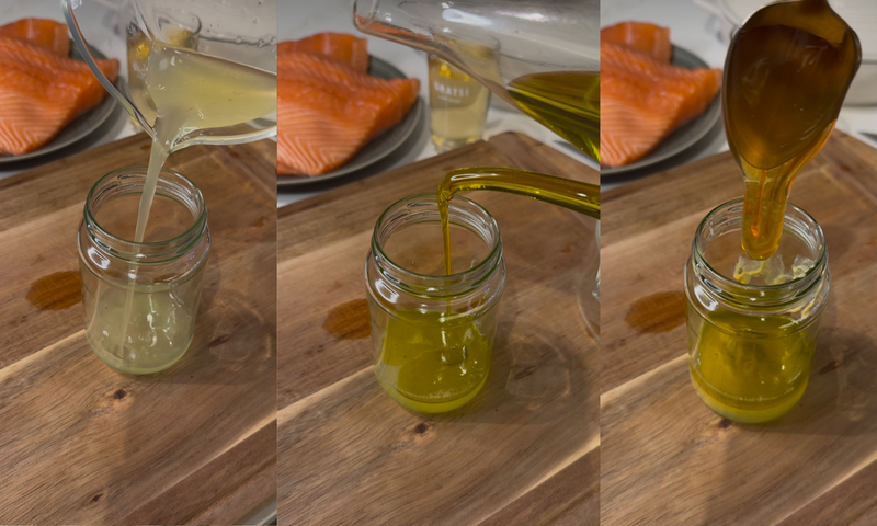 A three-panel image shows broth, olive oil, and honey being poured into a glass jar on a wooden surface, with salmon fillets visible on a plate in the background.