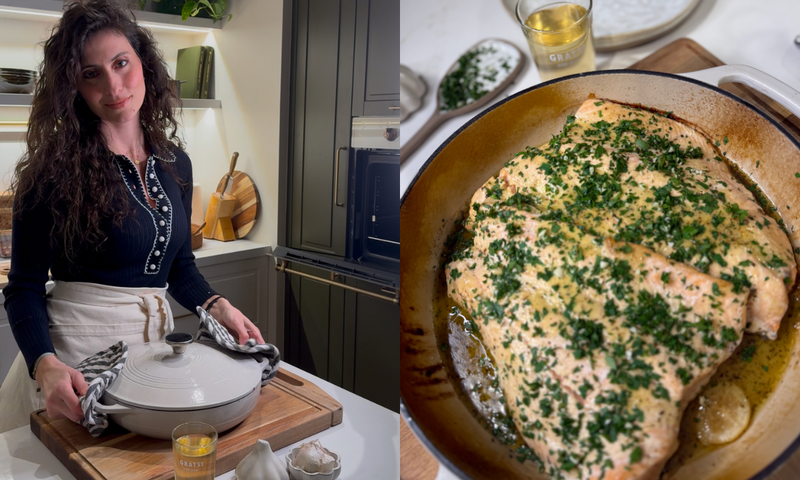 A woman stands in a modern kitchen holding a Dutch oven. Next to her, a baked salmon fillet topped with chopped herbs is shown in a pot. Both images include a glass of white wine on the counter.