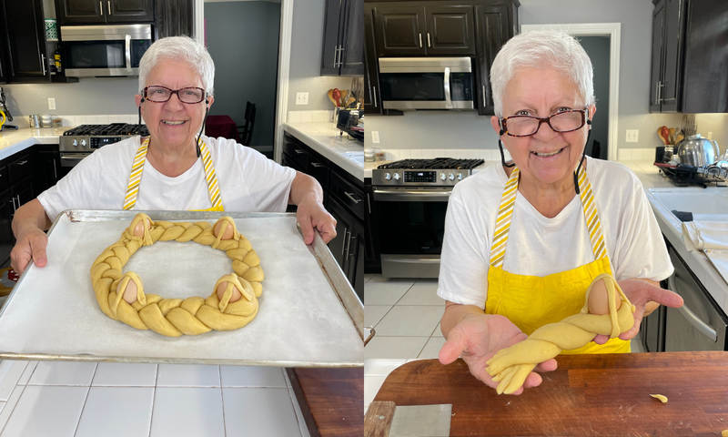 Two side-by-side photos of a smiling older woman in a yellow apron making a braided dough wreath in a modern kitchen. In one photo she holds the dough wreath on a tray; in the other, she shapes the dough by hand.