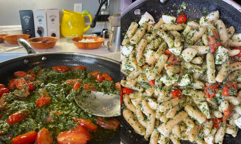 A split image: on the left, pesto sauce and cherry tomatoes simmer in a pan; on the right, cooked pasta is mixed with pesto, tomatoes, and mozzarella in the same pan. Ingredients and bowls are visible in the background.
