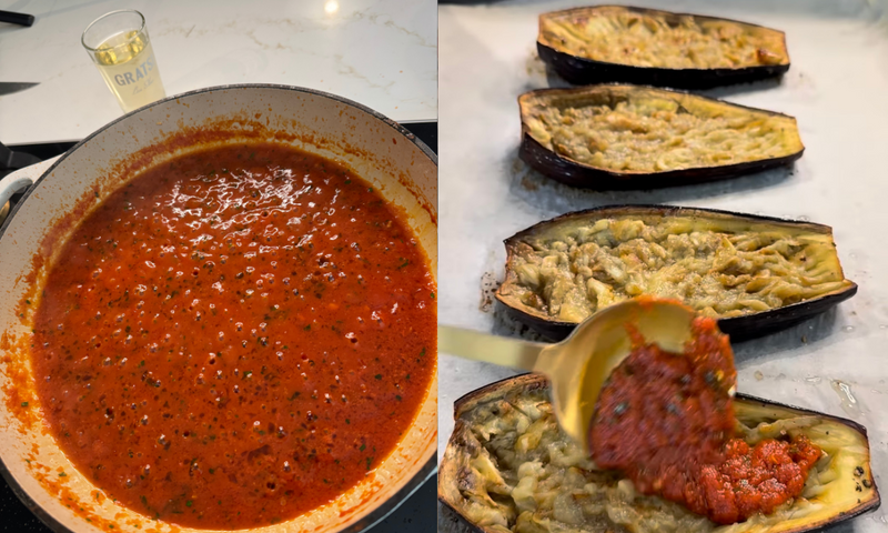 A split image: on the left, a pan of simmering tomato sauce with herbs; on the right, roasted eggplant halves on a tray, with a spoon topping one with the tomato sauce.