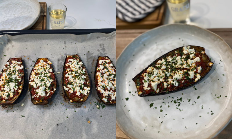 Two images: the left shows four baked eggplant halves topped with tomato sauce and crumbled cheese on a tray; the right shows a single stuffed eggplant half garnished with herbs on a plate.