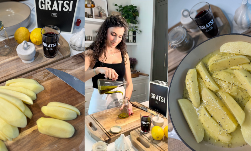 A collage of three images: peeled apple slices and ingredients on a cutting board; a woman pouring olive oil into a jar in a kitchen; apple wedges arranged in a pot, sprinkled with seasoning.