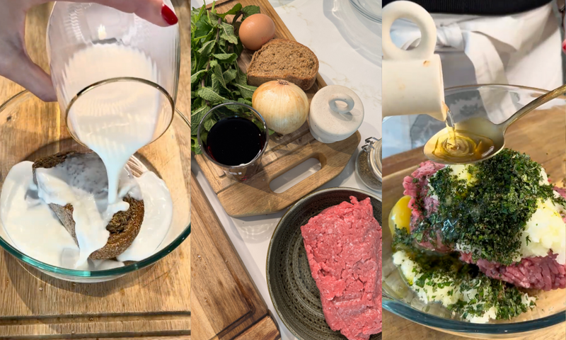 A collage shows: milk being poured onto bread in a bowl; a cutting board with onion, eggs, bread, spinach, wine, and a bowl of ground meat; and oil being poured onto a meat and herb mixture in a bowl.