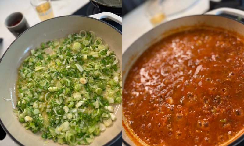 Side-by-side images: on the left, chopped green onions sautéing in a pan; on the right, a pot of bubbling red tomato sauce with herbs. Both images show the process of cooking a homemade sauce.
