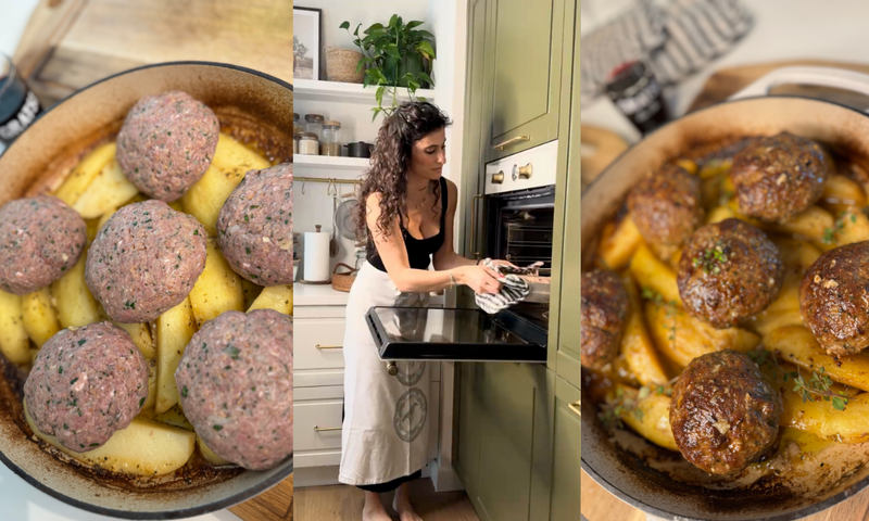 Three images: raw meatballs on potato wedges in a skillet, a woman placing the skillet into an oven, and the finished dish with browned meatballs and roasted potatoes.