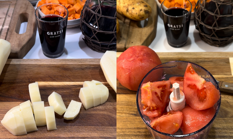 A split image: left side shows chopped potatoes on a wooden board with a glass of red wine and diced carrots in the background; right side shows large tomato chunks in a food processor next to a potato.