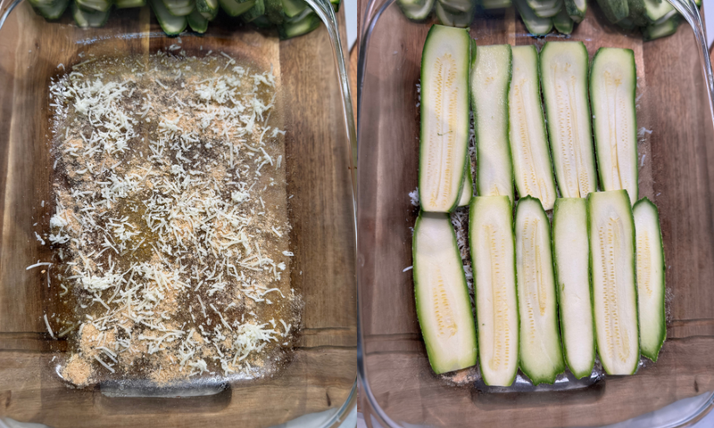A split image: the left side shows a baking dish with a layer of grated cheese and seasoning; the right side shows a row of thinly sliced zucchini neatly arranged in the same dish.