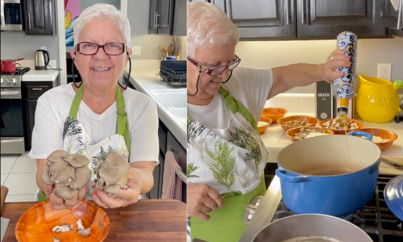 A smiling older woman in glasses and a green apron holds oyster mushrooms in a kitchen. In the next frame, she seasons a pot on the stove, with mushrooms and bowls on the counter.