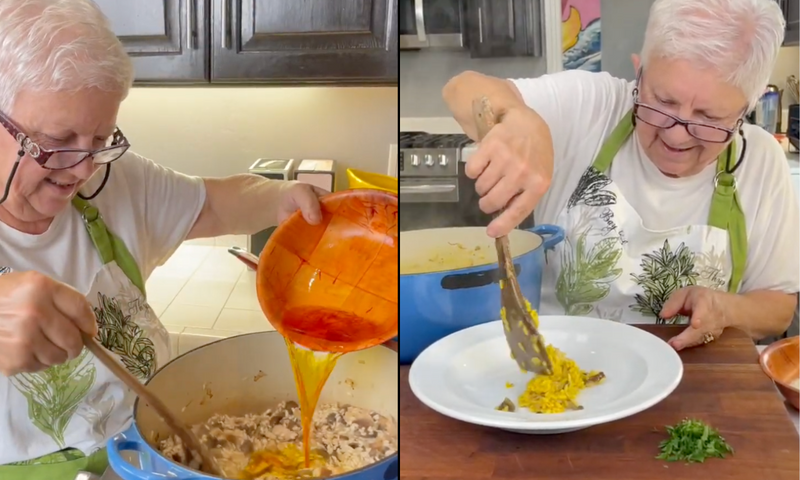 Split image: On the left, an older woman pours a vibrant orange sauce into a pot while stirring. On the right, she serves yellow rice onto a white plate from a blue pot, smiling as she works. Fresh herbs sit nearby.