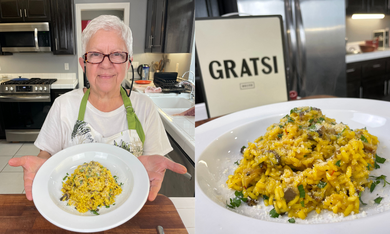 A smiling woman in glasses and an apron presents a plate of risotto in a kitchen. Next to her, a close-up shows the risotto garnished with herbs and cheese, with a menu reading GRATSI in the background.