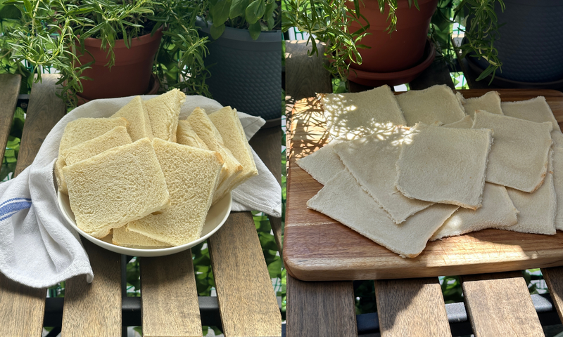 Two groups of sliced white bread: on the left, a bowl filled with slices; on the right, slices arranged on a wooden board. Both are set on a wooden table with potted green plants in the background.