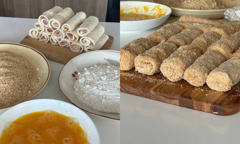 Two images side by side: on the left, rolled ham and cheese sandwiches with bowls of breadcrumbs, flour, and beaten eggs; on the right, the sandwiches coated in breadcrumbs, ready to be cooked.