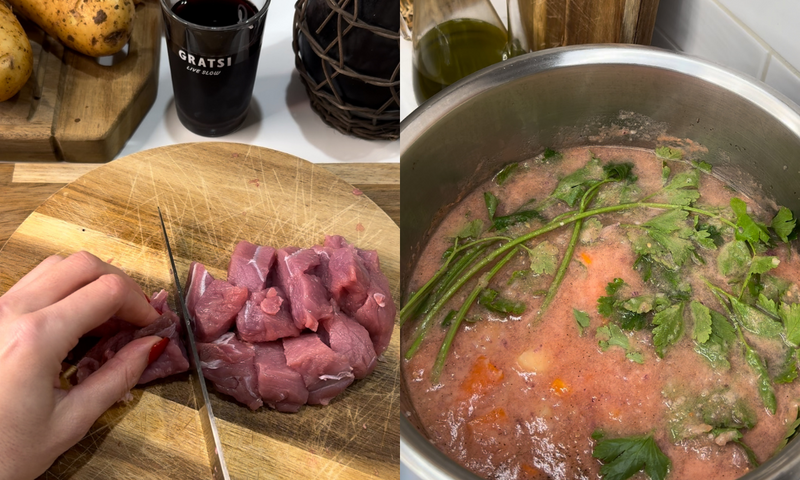 A split image: on the left, a hand chops raw meat on a wooden cutting board; on the right, fresh herbs float on top of a simmering pot of tomato-based stew on a stove.