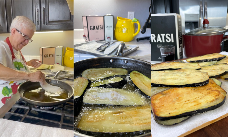 A woman fries eggplant slices in a pan on a stove. Close-up images show eggplant slices frying in oil and cooked slices resting on paper towels to drain. Kitchen utensils and decor are visible in the background.