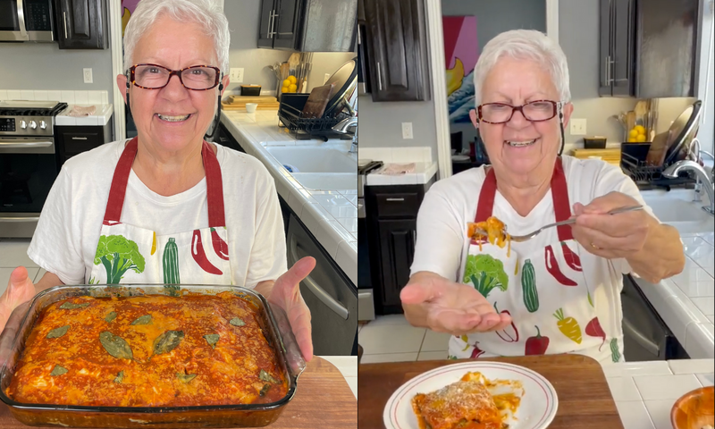 A smiling elderly woman with glasses and white hair holds a freshly baked dish of lasagna in a kitchen. In the second image, she serves a slice onto a plate, wearing a colorful apron with vegetable prints.