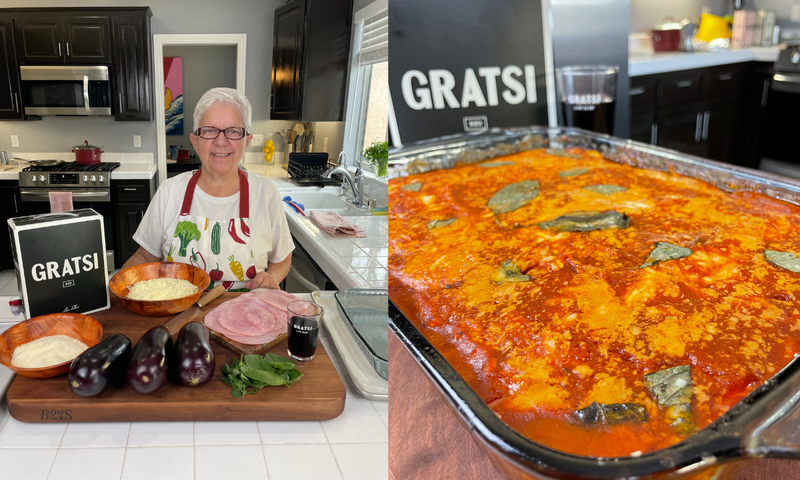 A woman in a kitchen stands behind ingredients for eggplant parmesan, including eggplants, ham, cheese, sauce, and basil. The next image shows a finished baked dish topped with tomato sauce and fresh basil.