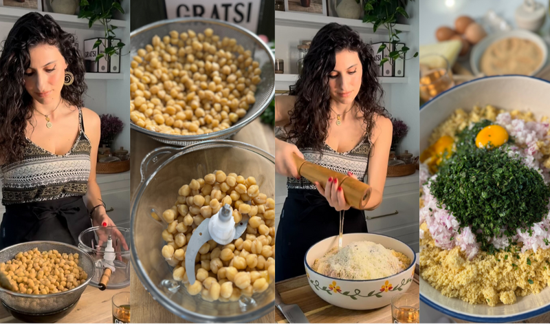 A woman prepares falafel by soaking chickpeas, blending them in a food processor, seasoning the mixture in a bowl with herbs and eggs, and mixing all ingredients in a kitchen setting.