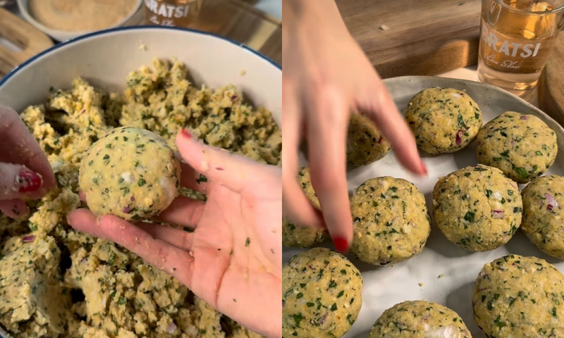 Two images side by side: On the left, hands shape a mixture of herbs and grains into a round patty. On the right, several similar uncooked patties are arranged on a plate, with a hand reaching for one.