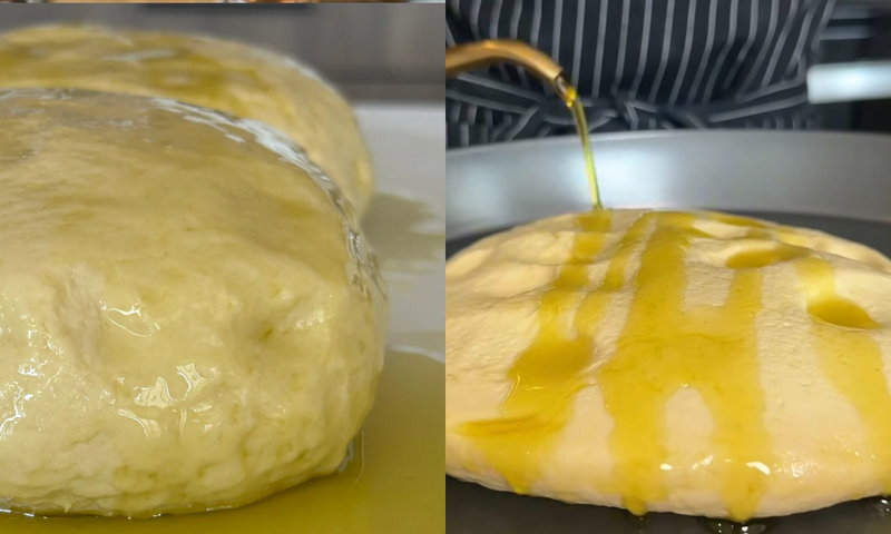 Close-up of risen dough pieces brushed with olive oil on the left, and olive oil being drizzled over dough on a pan with a person in a striped apron in the background on the right.