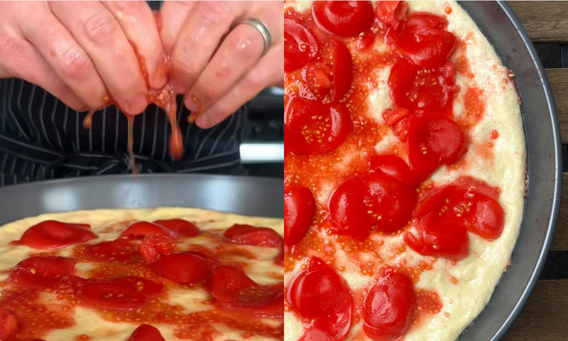 Close-up of hands crushing tomatoes over pizza dough in a pan (left), and a pizza dough topped with fresh crushed tomato pieces and seeds (right).