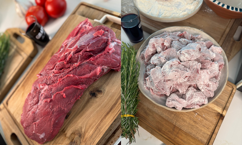 A collage of raw meat and some ingredients.