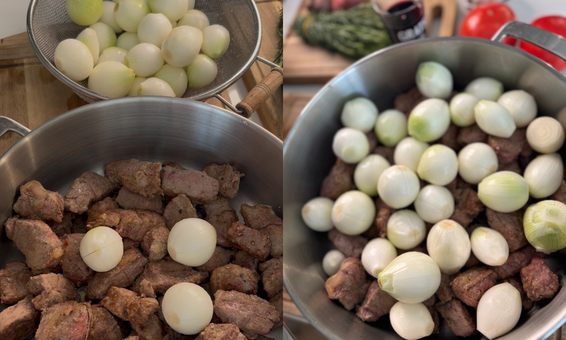 Two side-by-side images show a large pot with browned chunks of meat and whole peeled pearl onions being added, with a colander of additional onions and fresh ingredients visible in the background.