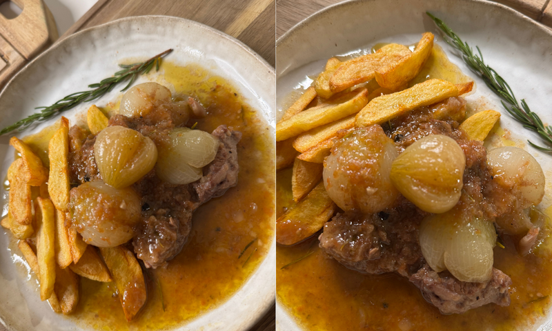 A plate of meat topped with pearl onions in a brown sauce, served with golden potato wedges and garnished with a sprig of rosemary. The dish is shown in close-up from two angles.