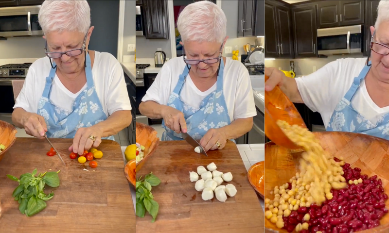 Three-panel image of an older woman with short white hair and glasses, chopping tomatoes and mozzarella, then mixing chickpeas and kidney beans into a large wooden bowl in a modern kitchen.
