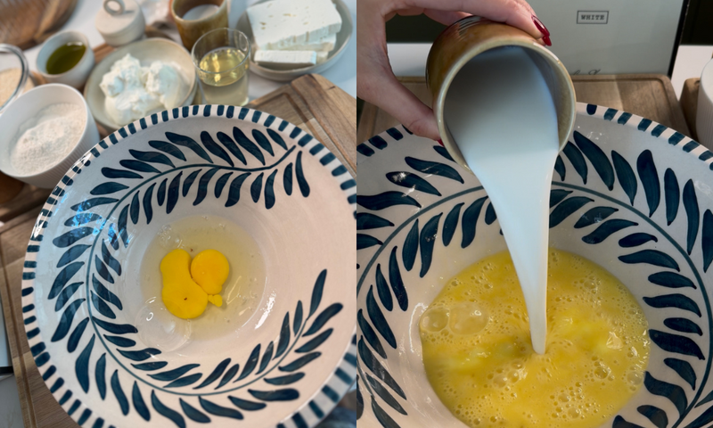 A split image shows cracked eggs in a patterned bowl on the left, and milk being poured into the bowl of beaten eggs on the right. Various ingredients are arranged in small bowls nearby.