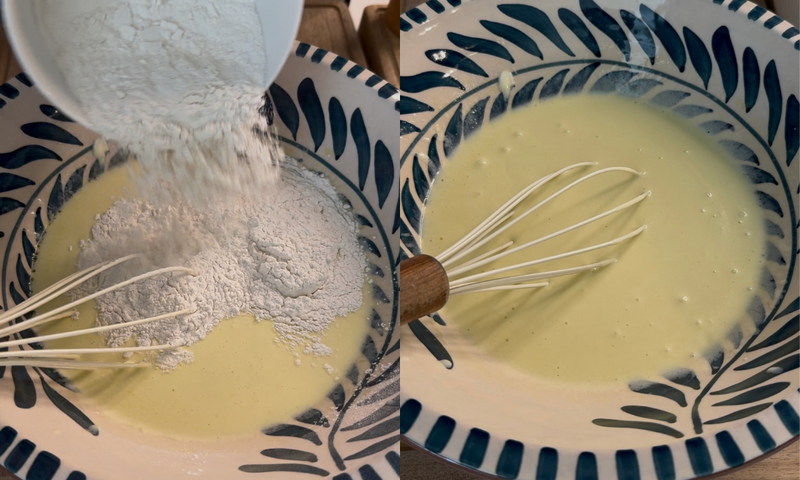 Side-by-side images: flour being poured into a mixing bowl with a whisk, and the same bowl with the flour mixed into a smooth batter. The bowl has a blue leaf pattern.