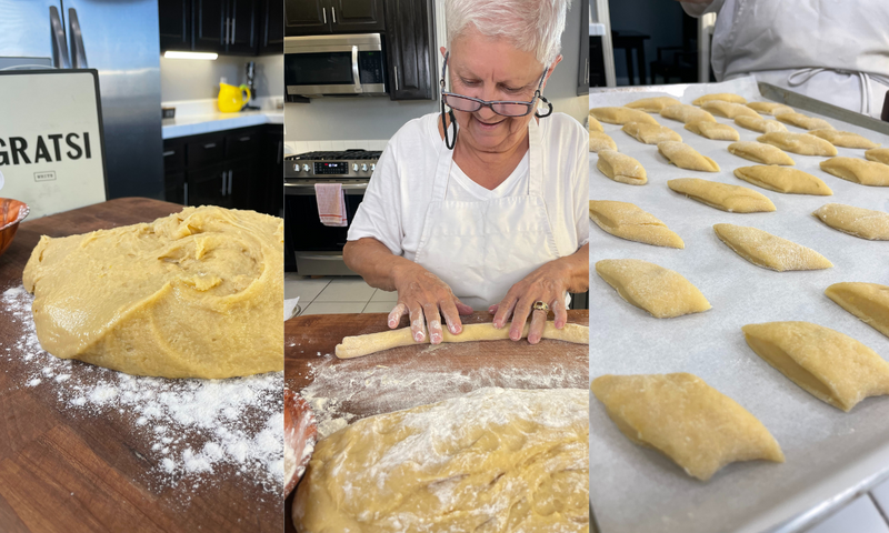 Three images: dough on a floured surface in a kitchen, a woman shaping dough into logs, and a baking tray with cut, unbaked dough pieces spaced on parchment paper.