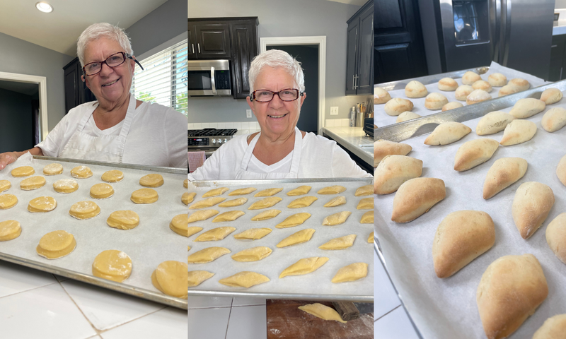 A smiling older woman with short white hair holds trays of dough shapes in a kitchen; the last image shows the baked, golden-brown pastries on parchment paper.
