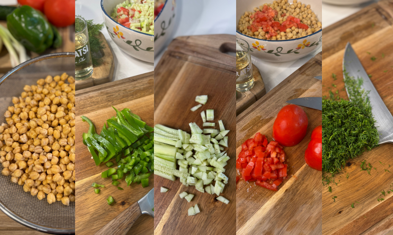 A collage showing drained chickpeas, chopped green pepper, chopped cucumber, chopped tomato, and freshly chopped dill on a wooden cutting board, with bowls of ingredients in the background.