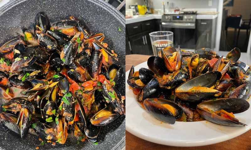 Two images: Left shows a close-up of cooked mussels with tomato sauce and herbs in a pot; right shows a white plate piled with the same mussels in a kitchen setting.