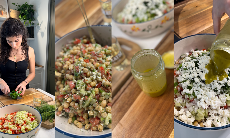 A woman chops cucumbers and adds them to a bowl with chickpeas, tomatoes, onion, and feta. Close-ups show her mixing the salad and pouring dressing from a jar, with fresh herbs on the counter nearby.