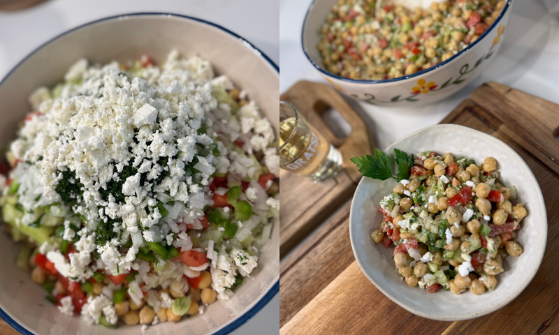 Two images: On the left, a close-up of a salad with chopped vegetables and crumbled feta cheese in a bowl. On the right, the salad is served in a smaller dish, with the larger bowl in the background.