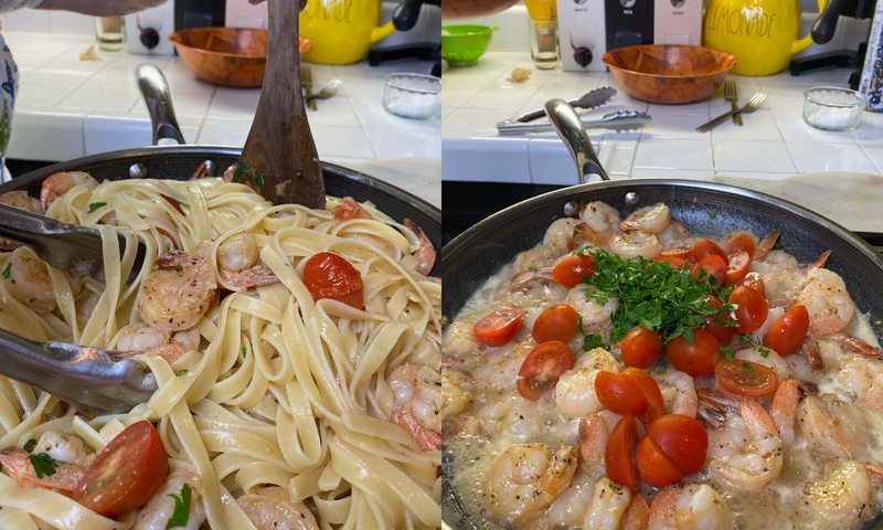 A two-panel image: left, shrimp fettuccine pasta with cherry tomatoes in a skillet being stirred with tongs; right, shrimp cooking in a skillet with cherry tomatoes and chopped parsley on top.