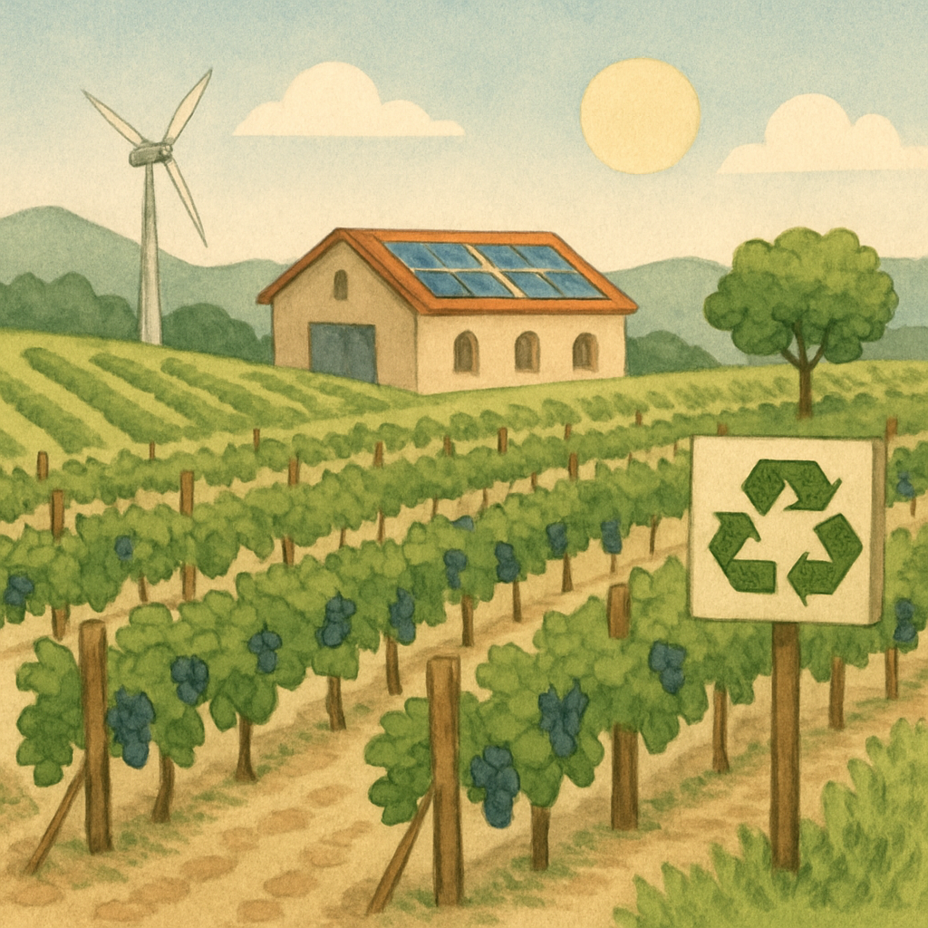 A vineyard with grapevines, a barn with solar panels, a wind turbine, and a recycling sign in the foreground. The scene is sunny, with rolling hills and trees in the background.