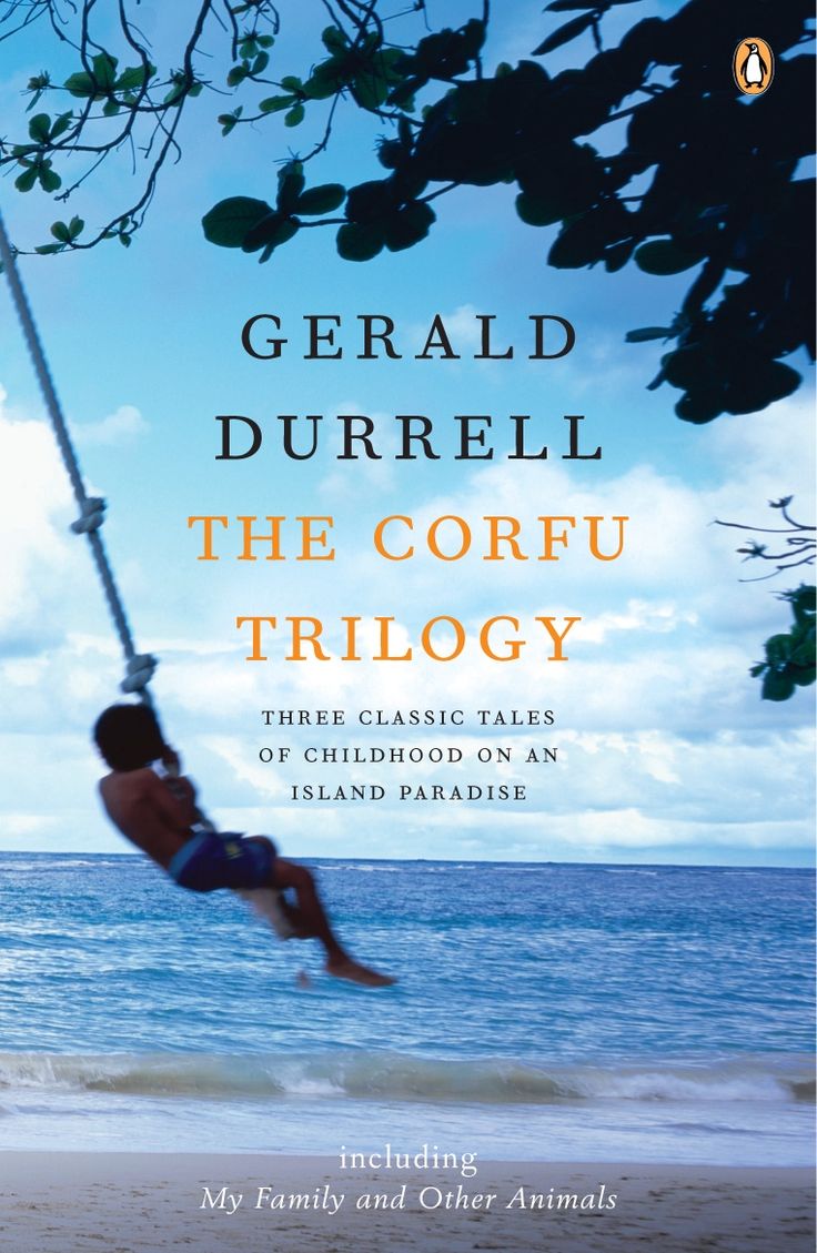 Book cover for The Corfu Trilogy by Gerald Durrell, showing a child on a rope swing by the sea, with a blue sky and clouds in the background. Subtitles mention Three classic tales of childhood on an island paradise.