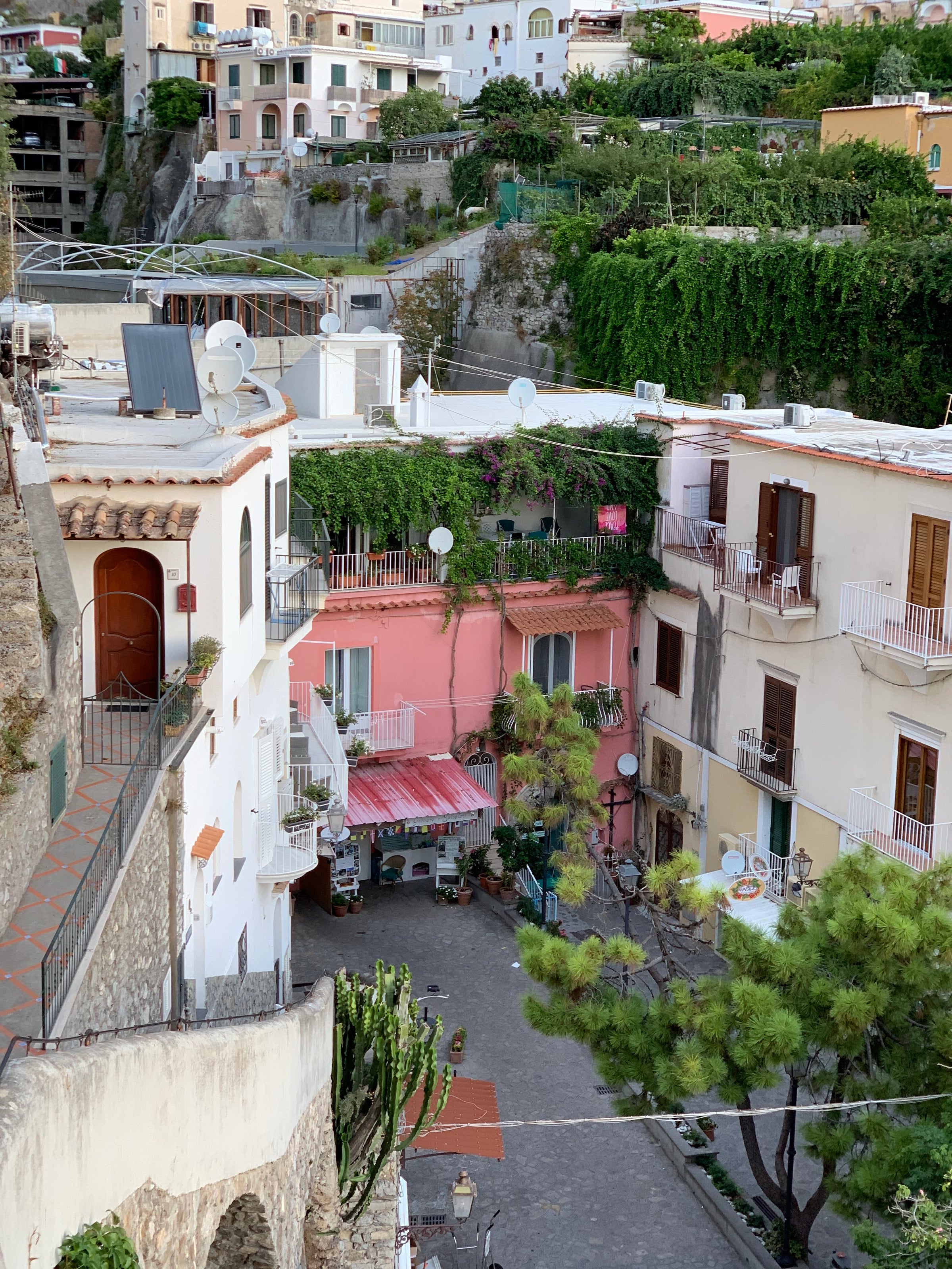 A small courtyard surrounded by colorful buildings with balconies, potted plants, and vines. A pink building stands out, and there are satellite dishes on rooftops. Steps and a tree are in the foreground.