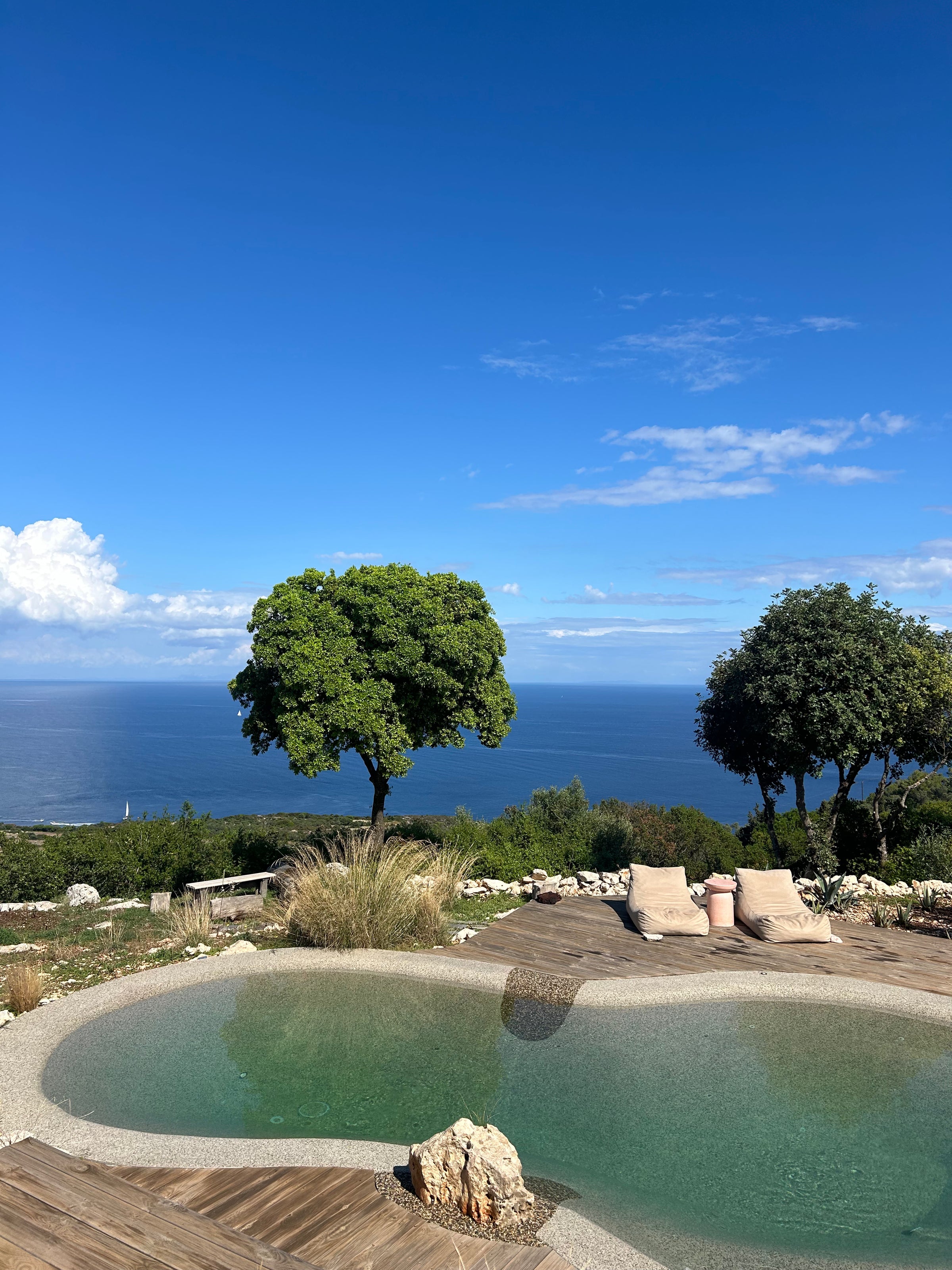 A small pool with wooden decking overlooks the ocean, with two green trees and lounge chairs nearby, all under a bright blue sky with scattered clouds.