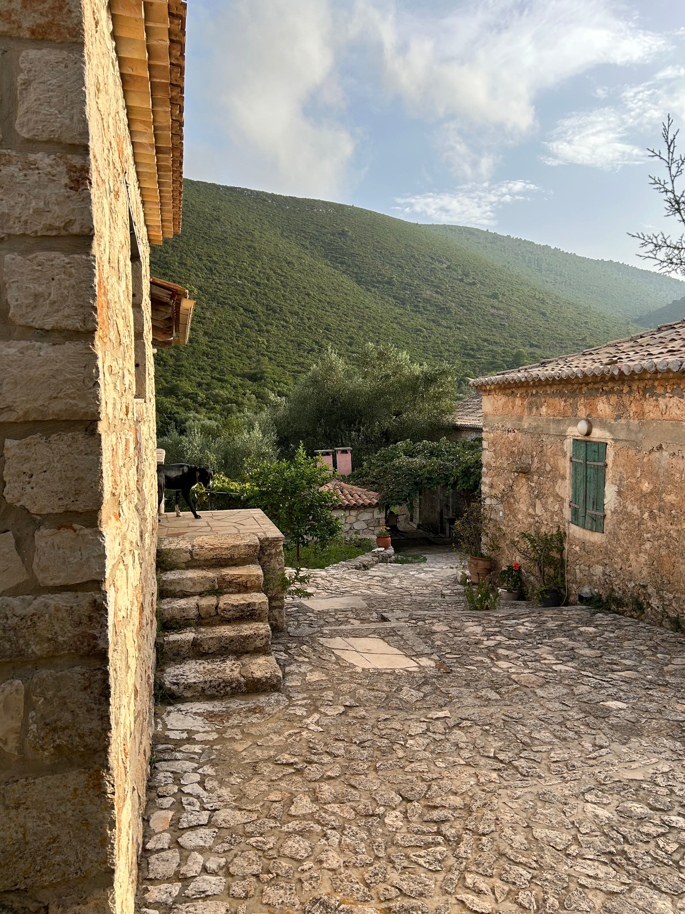 A rustic stone courtyard with old buildings, green shutters, and stone steps. Lush green hills and trees are in the background under a partly cloudy sky.